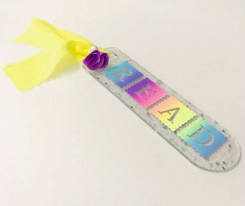 Glitter bookmark,Read bookmark,Acrylic bookmark,Glitter acrylic bookmark,Rainbow bookmark,Acrylic bookmark with yellow ribbon image 5