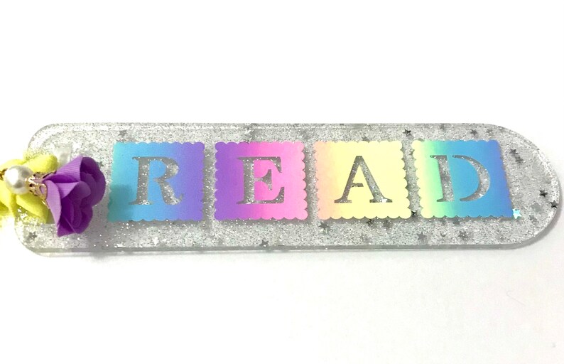 Glitter bookmark,Read bookmark,Acrylic bookmark,Glitter acrylic bookmark,Rainbow bookmark,Acrylic bookmark with yellow ribbon image 4