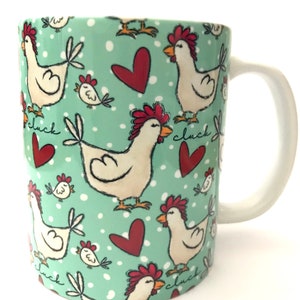 Whimsical Chicken Mug: Mint Green Coffee or Tea Cup