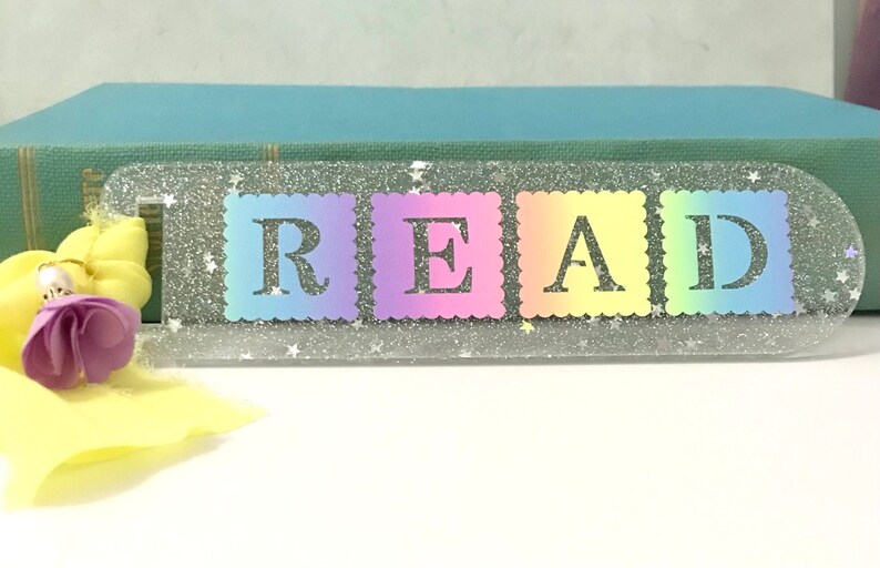Glitter bookmark,Read bookmark,Acrylic bookmark,Glitter acrylic bookmark,Rainbow bookmark,Acrylic bookmark with yellow ribbon image 1