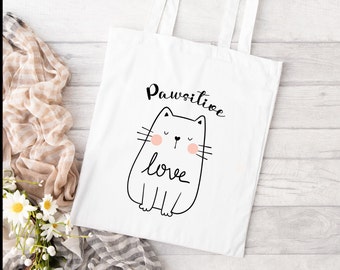 White tote bag, Cat tote bag, White shopper bag, White cat shopper bag, White tote, Cat tote, Cute cat tote, Reusable tote bag