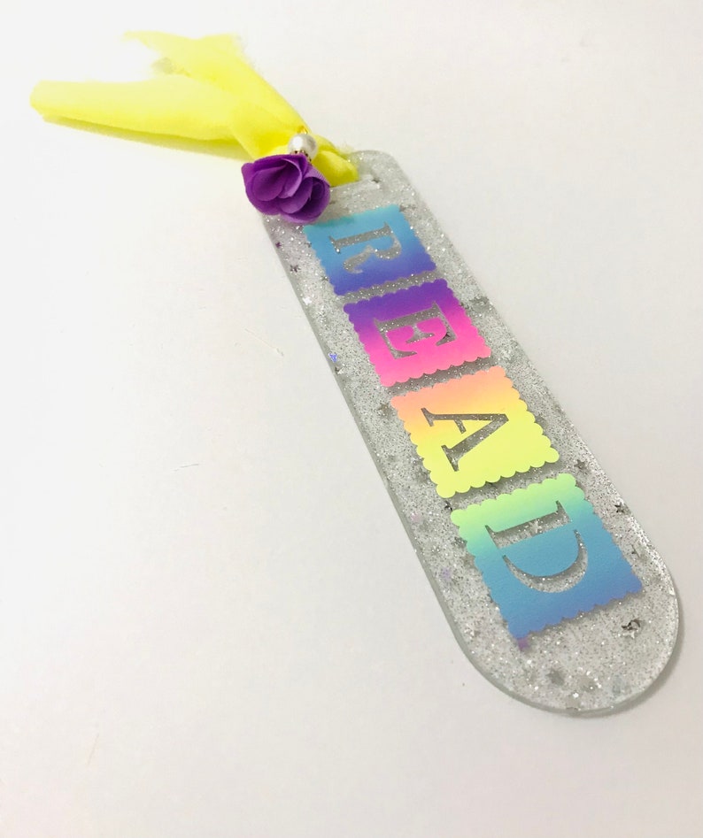 Glitter bookmark,Read bookmark,Acrylic bookmark,Glitter acrylic bookmark,Rainbow bookmark,Acrylic bookmark with yellow ribbon image 2