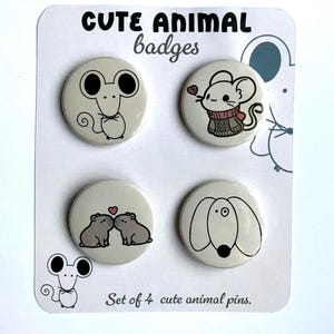 Cute animal pins/Animal button badges/Set of 4 animal pins/Cute animal button pins/Set of 4 cute animal pins/Dog-mouse button pins