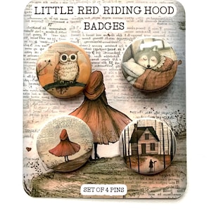 Little Red Riding Hood pins/Little Red Riding Hood badges/Set of 4 Little Red Riding Hood button pins/Fairytale button pins/Fantasy pins