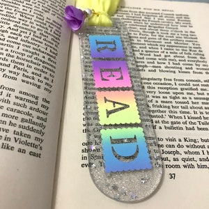Glitter bookmark,Read bookmark,Acrylic bookmark,Glitter acrylic bookmark,Rainbow bookmark,Acrylic bookmark with yellow ribbon image 3