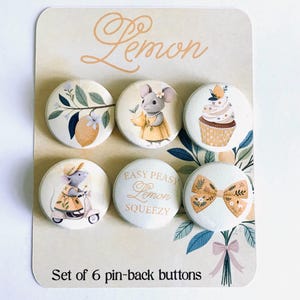 Lemon mice pins/Lemon mice pin back buttons/Set of 6 Lemon mice pins/Lemon button pins/Lemon pin back buttons