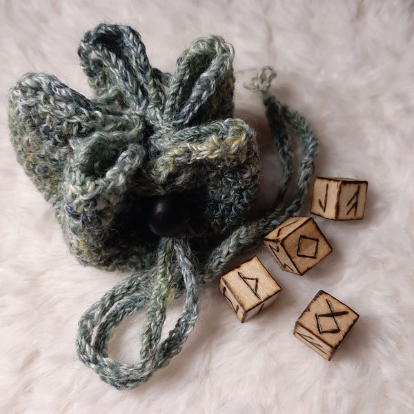 Wooden Elder Futhark Rune Divination Dice with Hand Crocheted Bag and Cheatsheet