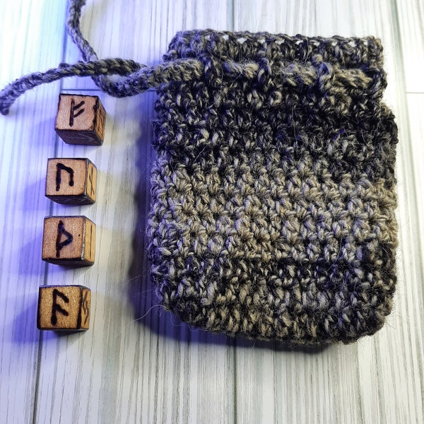 Wooden Elder Futhark Rune Divination Dice with Hand Crocheted Bag