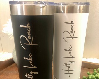 22oz Skinny Polar Camel Tumbler: "Holly Lake Ranch" Inscription; Insulated Tumbler with Slider Lid