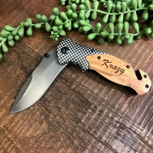 Olive Wood Folding Pocket Knife Laser Engraved Personalized Gift for Him Wood Handle Stainless Blade Belt Clip