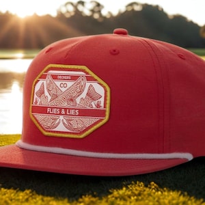 May include: A red baseball cap with a white rope detail and a flat brim. The cap features a rectangular patch with the text "DECKERS CO" and "FLIES & LIES" along with fish illustrations. The hat is on a grassy surface.