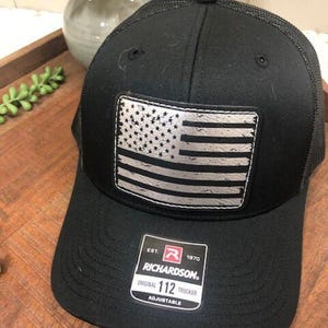 US Flag Vegan Leather Patch Hat, Laser Engraved Richardson 112 Trucker