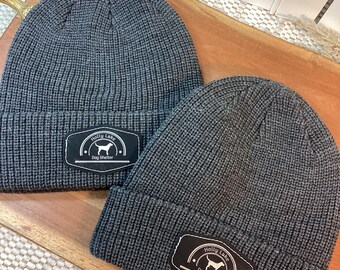 Custom Logo Chunky Knit Beanie, Vegan Leather Patch