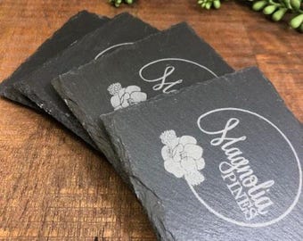 Slate Coasters with Custom Logo, Laser Engraved, Corporate Gifts Bulk Pricing