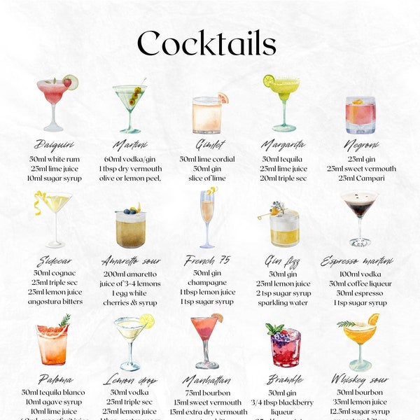 Impression de 20 cocktails à télécharger - impression d'art - affiche de cocktail - cadeau - décoration de cuisine - affiche de recette - carte de cocktails