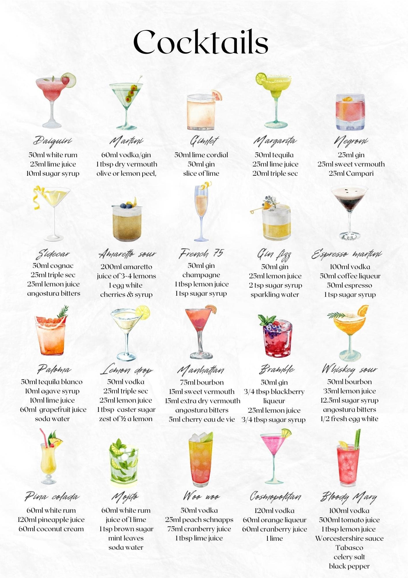 20 Cocktails Print For Digital Download Art Print Cocktail Poster 