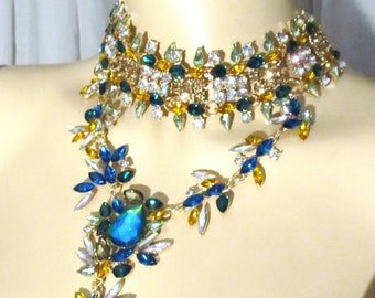 Glamour Rainbow Austrian Crystal Bib Statement Choker Layered Y Lariat Collar Necklace AB Leaf Water Drop Pear Cut Faux Gem Emerald Sapphire