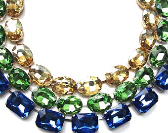 Anna Wintour Oval Necklace for Layering: Gold, Peridot Green & Sapphire Blue Purple Austrian Crystal Gold and Silver Statement Necklace Set