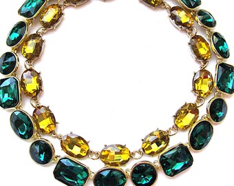 Anna Wintour Statement Emerald - Green and Oval Citrine Gold Octagon Crystals Georgian Paste Collet Tennis Necklace for Layering SET