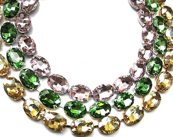 Anna Wintour Oval Necklace for Layering: Pink, Peridot Green, and Gold Austrian Crystal, Silver and Gold Tones Statement Necklace SET