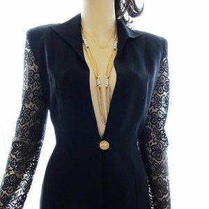 Dior Black Jacket Fitted Tailored Top One 1 Gold Button Christian Dior Logo Evening Blazer Lace Sleeve Deep V Vintage Plunge Collar S M