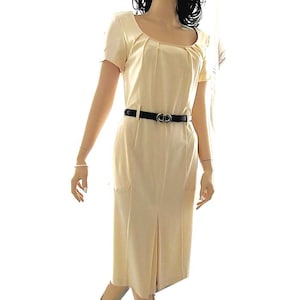 French Style WD NY Belted Cream Sheath Dress, Pleats Pockets (XS S)