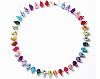 RARE & LIMITED Rainbow Statement Tennis Necklace Pear Tear Drop Vibrant Multi-color Faux Gems Rhinestone Crystals Y2K Retro Style