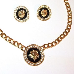 Lion Head Curb Link Chain Necklace Crystal Medallion Choker Earrings SET Gold Tone and Black Enamel Big Pendant Statement Necklace