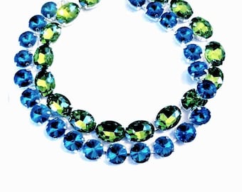 Anna Wintour Statement Tennis Necklace: Oval Peridot Green & Round Sapphire - Blue Rivoli Austrian Crystal Georgian Paste Collet