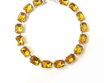Austrian Crystal Anna Wintour Necklace Octagon Collet Georgian Paste Riviere for Layering, Champagne Honey Gold on Silver