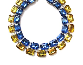 Anna Wintour Necklace SET Octagon Honey Gold and Sapphire Blue Purple for Layering, Rectangular Austrian Crystals on Silver Tone Chain, 2Pcs