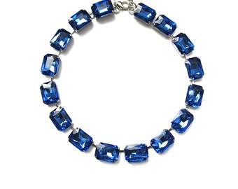 Anna Wintour Statement Necklace, Bold Stacking Necklace, Vibrant Chunky Dark Cobalt Blue Purple Octagon Austrian Crystals for Layering