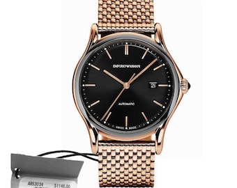 Emporio Armani Swiss Made Automatic Watch: Rose Gold Stainless Steel Mesh Bracelet
