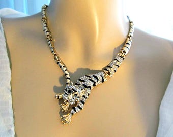 Leopard Panther Necklace: Chunky Statement Necklace, Pave' Faux Diamond & Black Enamel, Gold Tone, Vintage -Style