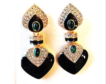 Art Deco Black Enamel Faux Emerald Dangle Drop Earrings – Heart Romantic Jewelry