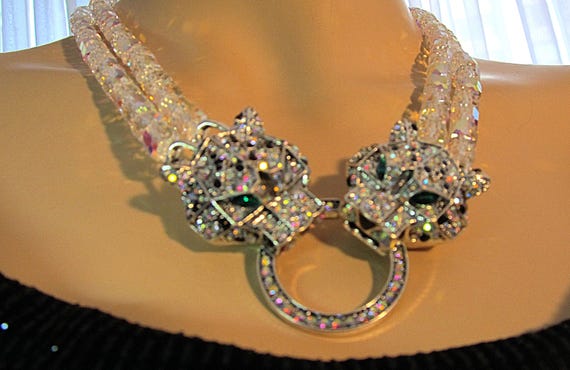 Double 2 Headed Panther Leopard Statement Necklac… - image 1