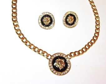 Lion Head Crystal Medallion Gold Necklace SET Retro Vintage Like Choker Black Enamel Pendant Cuban Link Chain Statement Necklace & Earrings