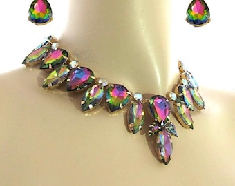 Chunky Bold Statement Necklace Set, Rainbow Austrian Crystal Necklace, Multicolor Rhinestone Choker & Drop Earring Set Vintage Style Jewelry