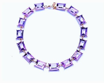 Anna Wintour Violet Statement Necklace, Bold Chunky Necklace, Octagon Rectangular Crystal, Lilac Purple on Gold Chain, Georgian Paste