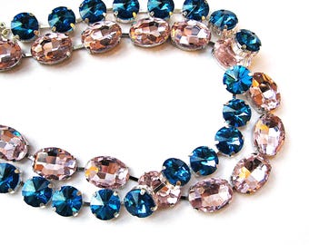 Anna Wintour Necklace Pink, Blue Austrian Crystal for Layering, Oval Blush Pink, Round Sapphire Blue on Silver Tone, Georgian Collet SET