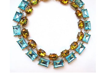 Anna Wintour Necklace SET Oval Citrine Gold & Aquamarine Light Blue Octagon Crystal Georgian Paste Collet Statement Necklace for Layering