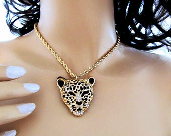 Panther Necklace, Bold Leopard Head Pendant - Statement Necklace, Chunky Gold Twist Rope Necklace, Vintage Style
