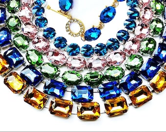 Anna Wintour Statement Necklaces & Bracelet, Chunky Tennis Necklace, Aquamarine Cobalt Blue Oval Peridot Green Rectangular Gold Pink Crystal