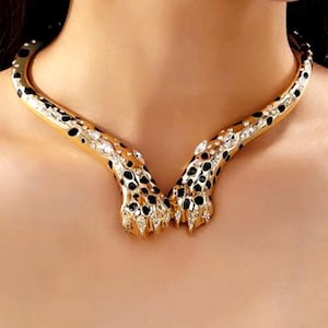 Rare Panther Leopard Print Statement Necklace Faux Diamonds and Black Enamel on Gold -Tone Luxury Gifts Retro Vintage -Style Chunky Choker