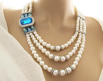 3 Strand Layered Faux Pearls and Emerald Cut Blue Topaz Crystal Modern Pearl Statement Necklace