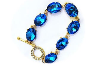 12.7mm Crystal Tennis Bracelet, Anna wintour Style, Teal Blue Oval Crystal Toggle Clasp Bracelet