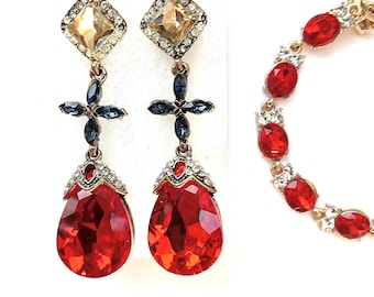 Rare Ruby - Red Teardrop Dangle Earrings in Vintage Gold and Multicolor Faux gemstone Crystals, with Rhinestone Bracelet