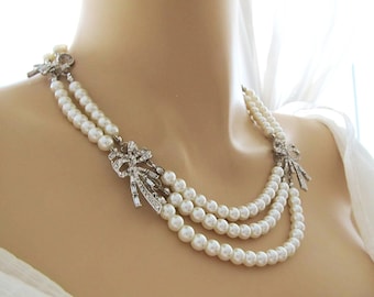 17th–19th century French Bows, Layered Pearl Necklace, Vintage Style Statement Necklace with Faux Pearls and Faux Diamonds, Multi-strings
