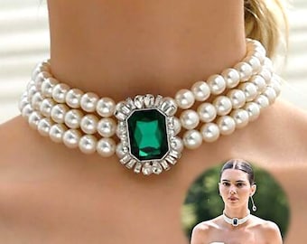 Kendall Jenner's -Style Pearl Choker, Runway Multi Layer Pearl Collar Necklace W/ Zircon, Emerald Green Rhinestone Crystals, Vintage Style