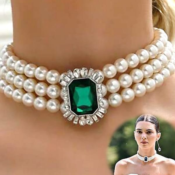 Kendall Jenner's -Style Pearl Choker, Runway Multi Layer Pearl Collar Necklace W/ Zircon, Emerald Green Rhinestone Crystals, Vintage Style